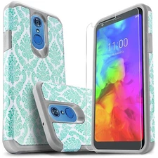 For LG Q7 Plus Case, Dual Layer Shockproof Cover+Tempered Glass Screen Protector