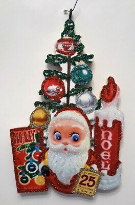 ROLY POLY SANTA, TREE, CANDLE, DECEMBER 25  Glitter CHRISTMAS ORNAMENT * Vtg Img