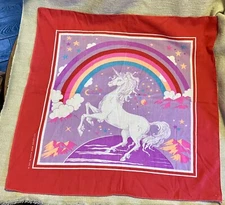 Vtg 1980s Bandana Red Border Celestial Rainbow Unicorn 22 X 21 ” USA Made