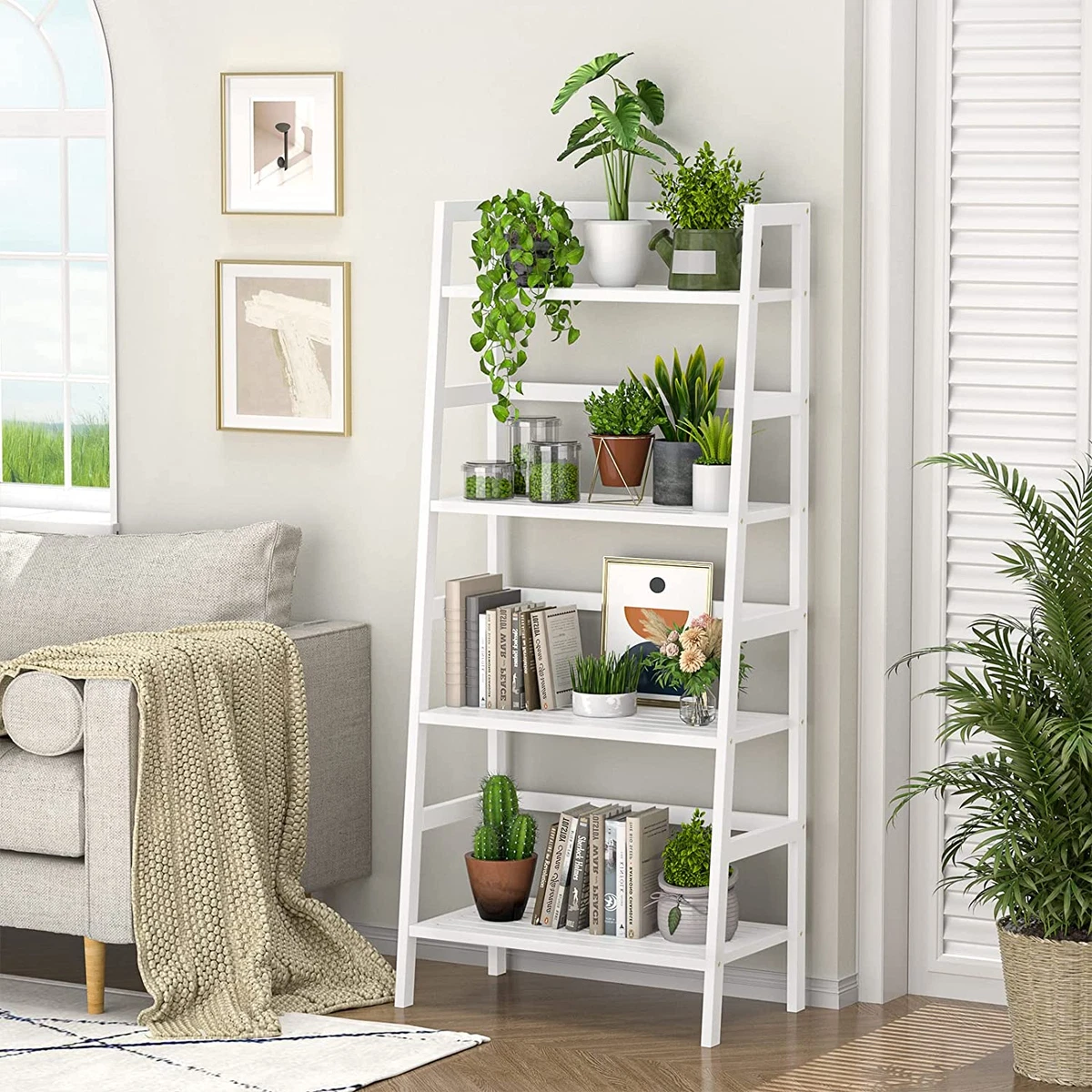 Ladder White Bookshelf 4 Tier Bamboo Ladder Shelf 49.2 Book