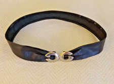 Vintage Black Leather Belt with Chrome Swirl Buckle size S/M adjustable