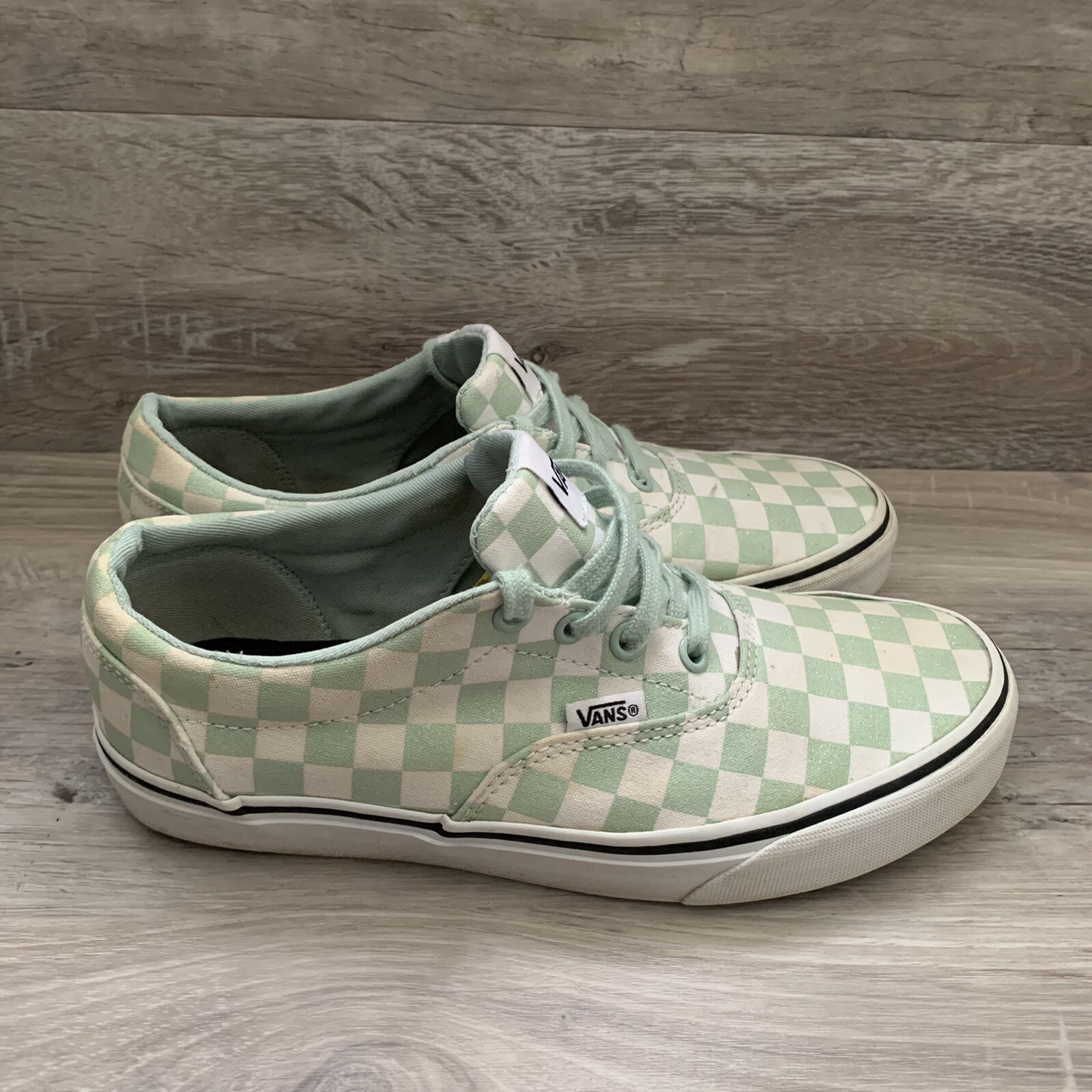 Vans Womens Checkered Glittered Light Green White Low Top Sneaker Sz 7.5