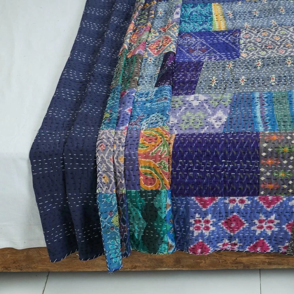 Vintage Indian Handmade Blue Kantha Quilt Patchwork Bedspread Throw Silk Blanket - Image 3 of 4