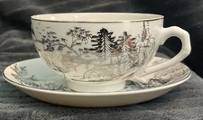 Vintage Kutani Porcelain Tea cup+saucer.landscape KUT6. Lithophane Geisha Girl