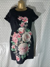 Womens Oasis Uk 12 Black Floral Pattern Short Sleeve Knee Length Lined Dress
