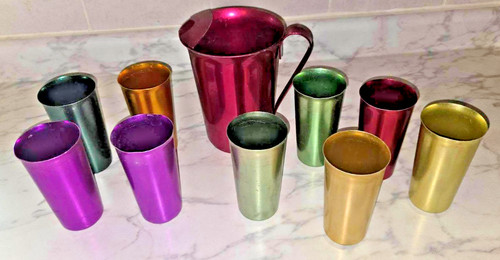 Vintage COLOR CRAFT MCM Aluminum Pitcher and 9 Tumblers 1950’s USA