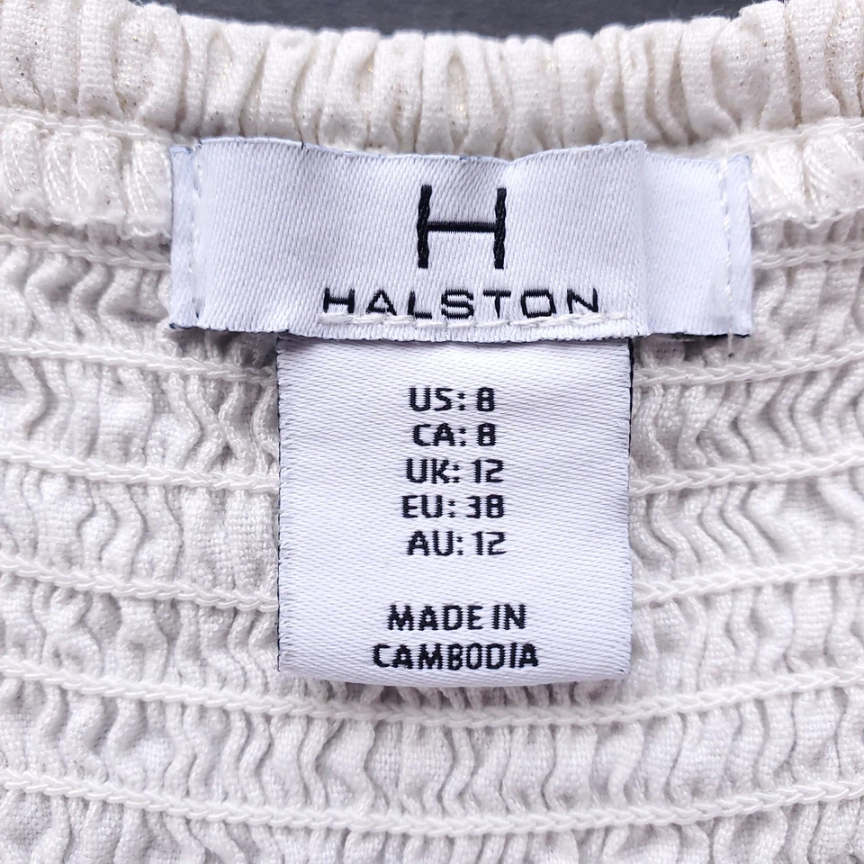 Vestido Halston Talla 8 Mezcla de Lino Cuello Cuadrado Funda Midi Marfil Metálico Elastizado Foto 4 de 4