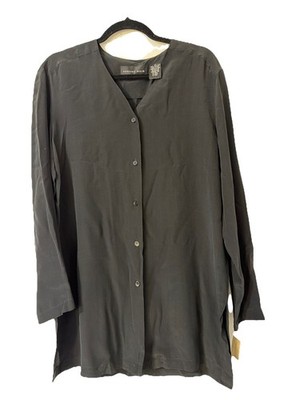 August Silk 100% Silk Black Button Down Medium Satin New $98 VTG Side Slit