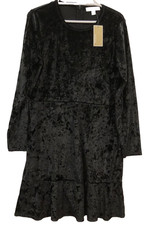 NWT Michael Kors Crushed Velvet Black Long Sleeve A-Line Ruffle hem Dress XL