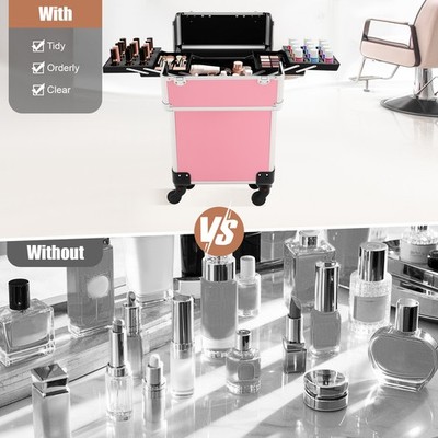 Pink Rolling Train Case Aluminum Trolley Professional Cosmetic Organizer Box New