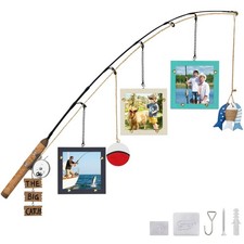 Wooden Fishing Pole Picture Frame Wall Decor with Three 4"x4" Picture Frames,...