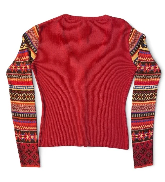 Cárdigan Suéter Vintage Y2K Kenzo M Rojo Oscuro con Mangas Tejidas Metálicas en Contraste Foto 2 de 4