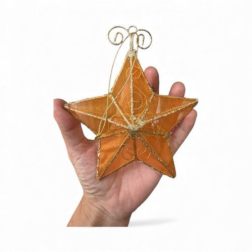 4 Poly Deco Mesh Gliter Orange Star Capiz Style Metal Frame Christmas Ornament