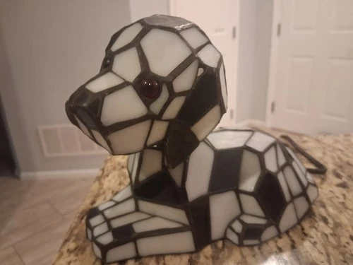 Vintage Tiffany Style Stained Glass Black and White Dog, Bobble Head, Lamp