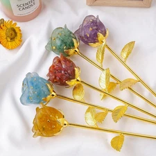Rose Quartz Crystal Flower Statue – Healing Gemstone Gift with Gold Stem, 1pc