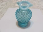 Vintage Fenton Glass Co. Aqua Blue Opalescent Hobnail Ruffled Edge Bud Vase.