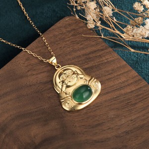 Authentic Jade Pendant Necklace Buddha Charm Gold Plated Chain Ethnic Gemstone