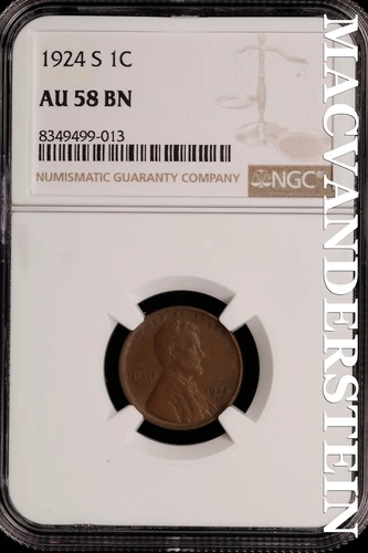 1924-S Lincoln Wheat Cent - NGC AU 58 BN - Scarce  No Reserve  #SLH94