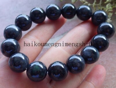 Certified 13-14mm Oil Black Burma Natural A JADE Jadeite Round Beads Bracelet