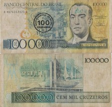 Brazil 100 Cruzados on 100000 Cruzeiros ND (1986) P-208a Banknote Currency #5279