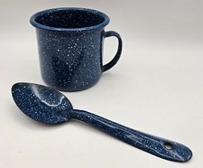 Enamelware Blue Speckled Coffee Mug Cup and Spoon Camping Dinnerware