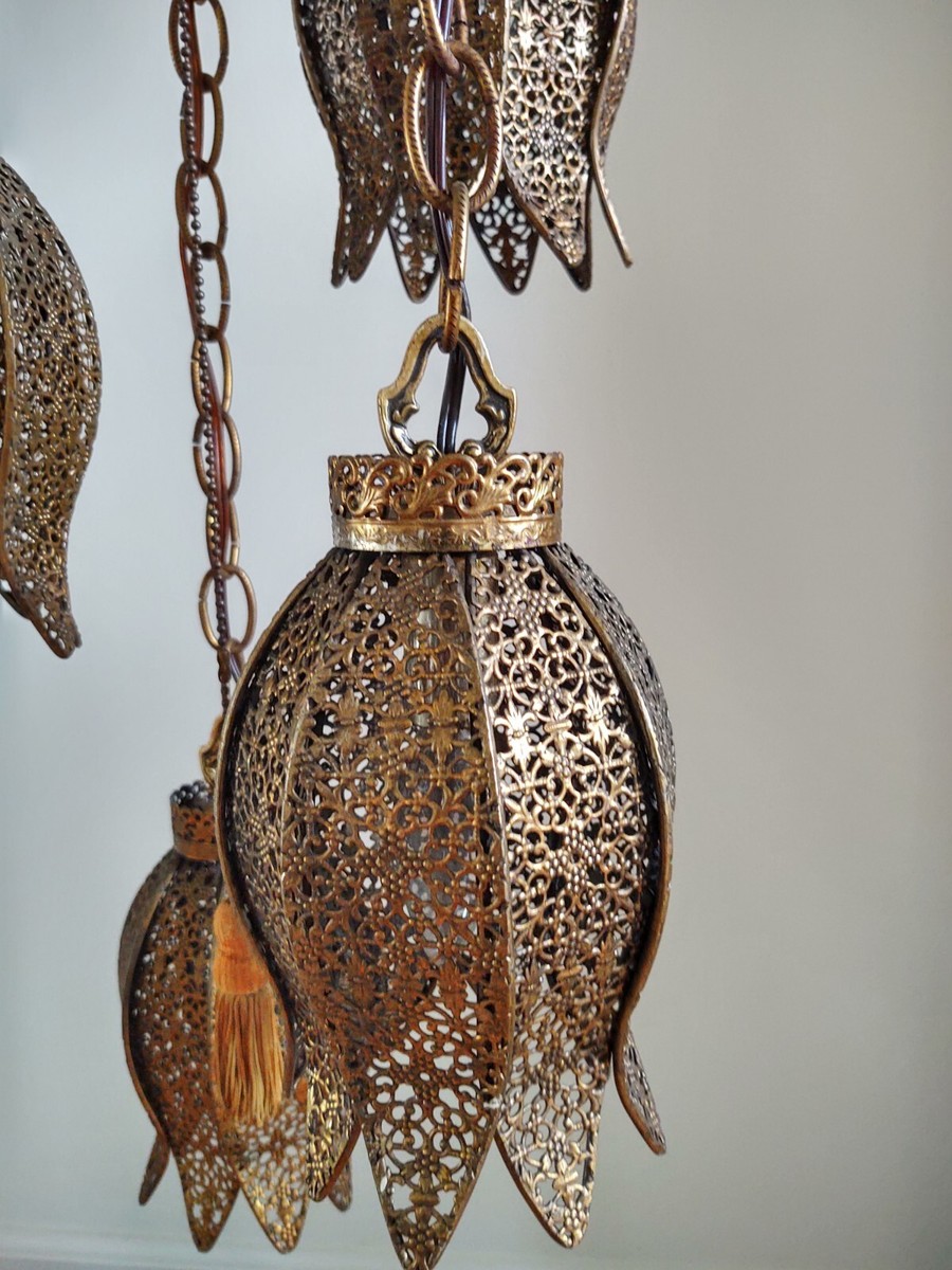 ✨Vintage 1960's Filigree 5 Tier Tulip Swag Pendant Light