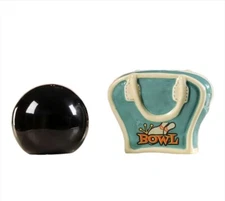 Bowling Salt Pepper Shaker Set Ball with Bag Ceramic 2.3" High Retro Design