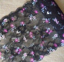 3.5-5 Yards 7.5" Wide Black Stretch Lace/Hot Pink/White Flower Lingerie y0383