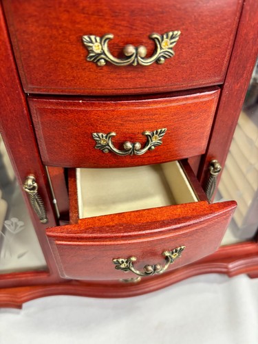 Vintage Cherry stain Wood Jewelry Box w/5 drawers 13"×11.5"x5" w/Mirrors EXCELL. - Picture 13 of 16