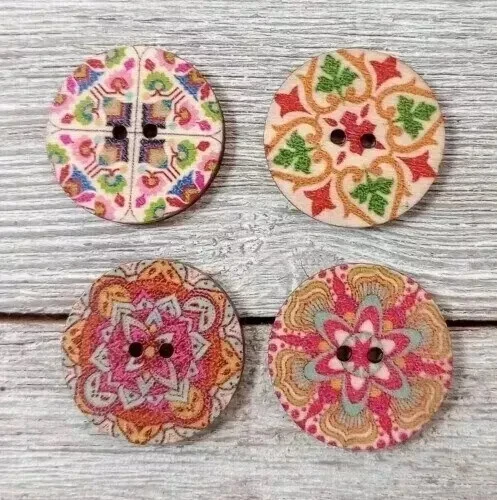 flowers boho wood sewing buttons 2 holes 1 inch red (set #1306) 4pc - Image 2 of 2