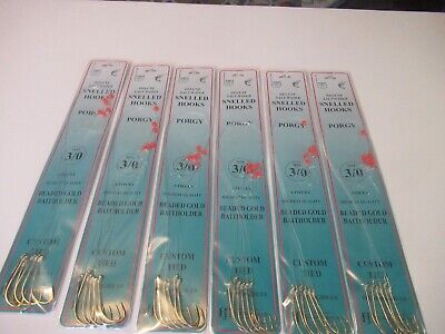 36 FISH HOOKS SNELLED BEADED GOLD BAITHOLDER PORGY SEA BASS RIG 12 MONO  CHOICE