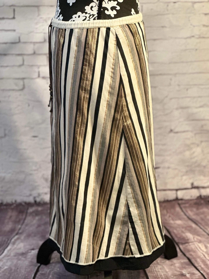 Antigua falda de algodón azul marino a rayas metálicas doradas, cordón cintura talla pequeña WCLTH Foto 4 de 4