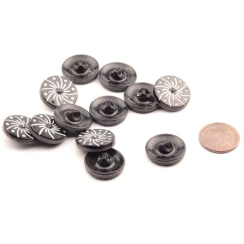 Lot 12pc 18 mm Czech vintage Deco spiral firework pin wheel black glass buttons - Picture 2 of 2