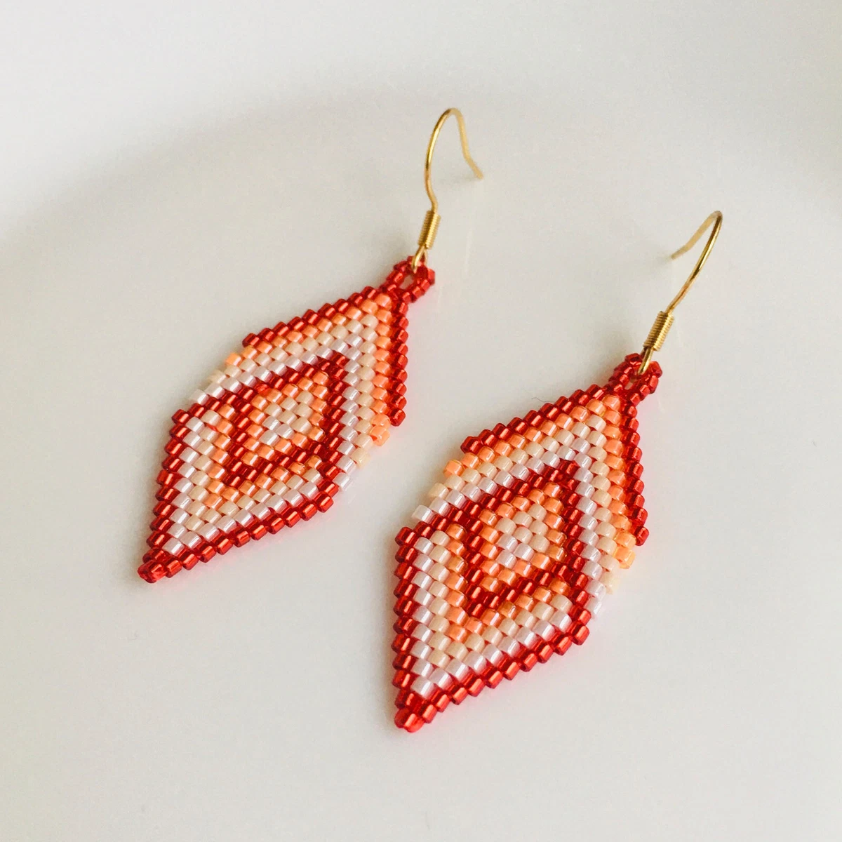 Miyuki beaded earrings in red orange Geometric brick stitch