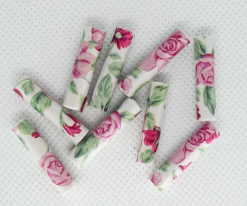 10 Handmade Glazed Paper Beads - Pink Roses - 1 Inch long and 7mm Wide - Picture 4 of 6
