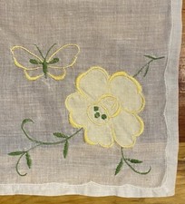 Vintage White Cotton Hankie Yellow Floral Butterfly Embroidered Handkerchief