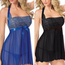 Plus Size See Through Sexy Lingerie Women Lace Babydoll Dress Chemises Sleepwear