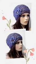 crochet womans handmade flower hat beanie wool blend sapphire marl puffs new