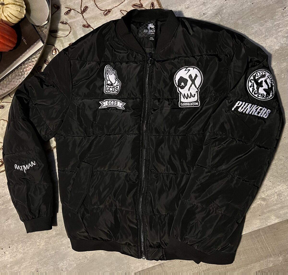 BLACK BOMBER JACKET WITH PATCHES BATMAN SKULL GCDS SIZE BLACK BOMBER JACKET WITH PATCHES BATMAN SKULL GCDS SIZE