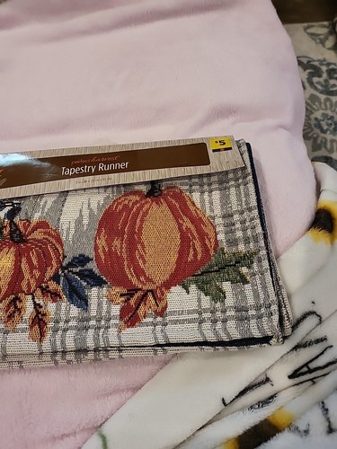 Runner da tavolo arazzo raccolta perfetto plaid con zucche 13 x 68 pollici nuovo con etichetta - Foto 2 di 8