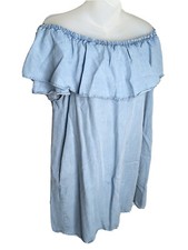 ZARA SHORT MINI DENIM OFF SHOULDER RUFFLE DRESS POCKETS BLUE L LARGE *Sm Marks*