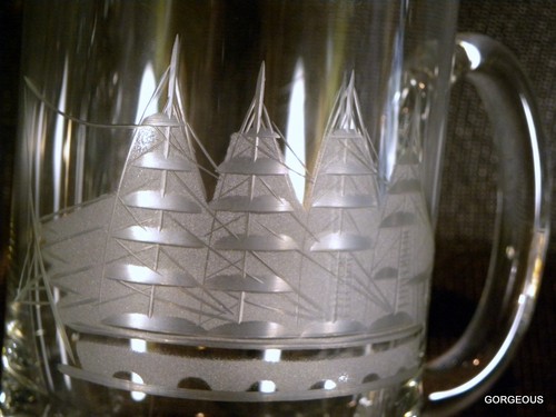 6 NICE 16 FL OZS ~ ETCHED GLASS Tall Ship / Sail Boat / Schooner /Mug / Stein - Picture 6 of 10