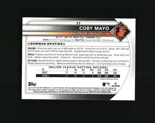 2025 Bowman Mega Box Coby Mayo Mojo Refractor - Baltimore Orioles #37 - Picture 2 of 2