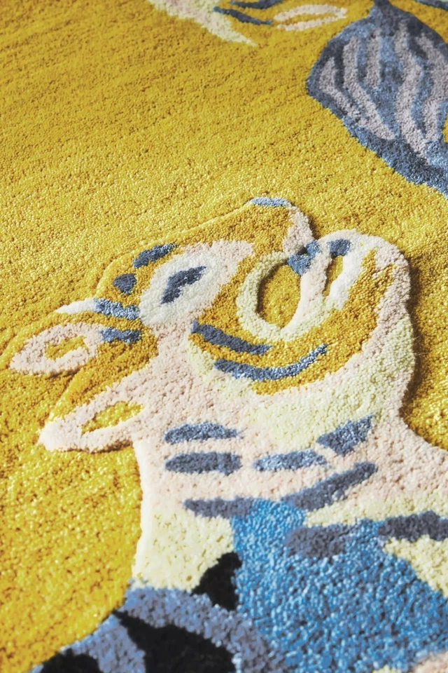 Vintage Tufted Wool Silk Rug Yellow Floral Tiger Snake Design Handmade - Image 3 of 4