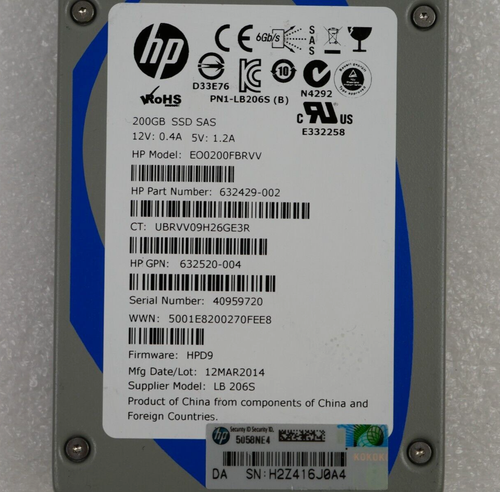 HP 632520-004 EO0200FBRVV 200GB 6Gbps SAS 2.5" Server Solid State Drive SSD - Picture 3 of 3