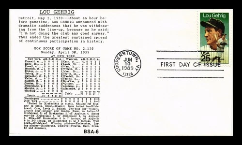 US COVER LOU GEHRIG BASEBALL FIRST DAY ISSUE SCOTT 2417 WITHDREW FROM LINE UP