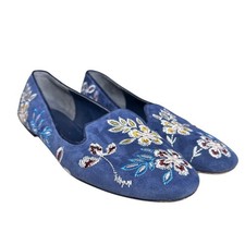 Tory Burch Blue Suede Floral Embroidered Smoking Loafers 8M Shoes Flats
