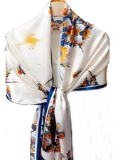 100% Silk mulberry Scarf Women neckerchief Shawl Wrap floral blue yellow HD1-84