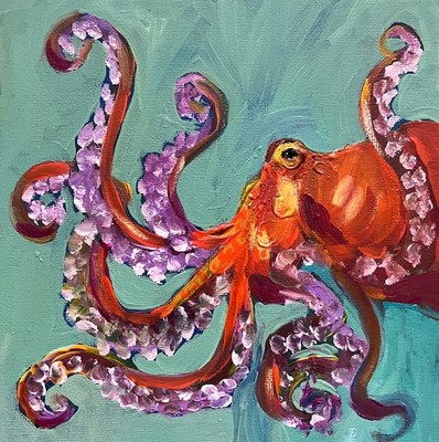 Original Octopus Painting Sea Life Coastal Wall Art Colourful Canvas 20cm