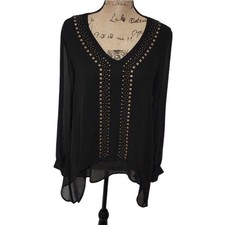 Karen Kane Black Studded V-Neck Sharkbite Hem Sheer Blouse Small Long Sleeve